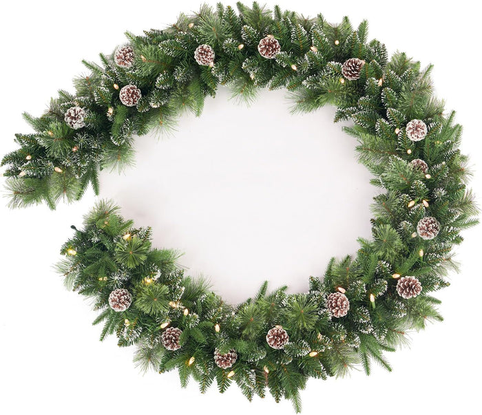 9Ft Pre-Lit Christmas Garland, Plug in, Green, 50 Clear Lights, Fireplace Stairs Mantle Door Indoor Outdoor, Decorated with Pine Cones