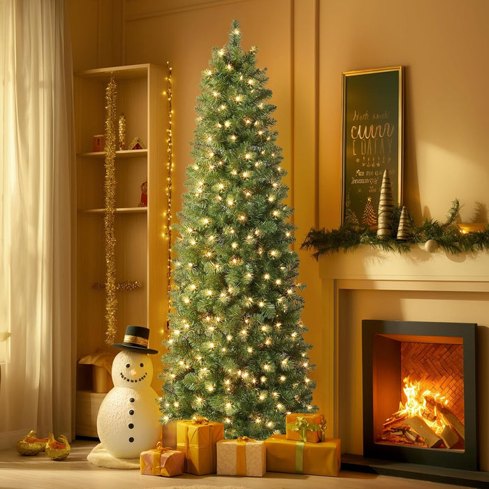 SHareconn 6ft Prelit Artificial Hinged Slim Pencil Christmas Tree with Warm White Lights, Full Branch Tips, Good Choice Decoration for Xmas Holiday, 6 FT, Green