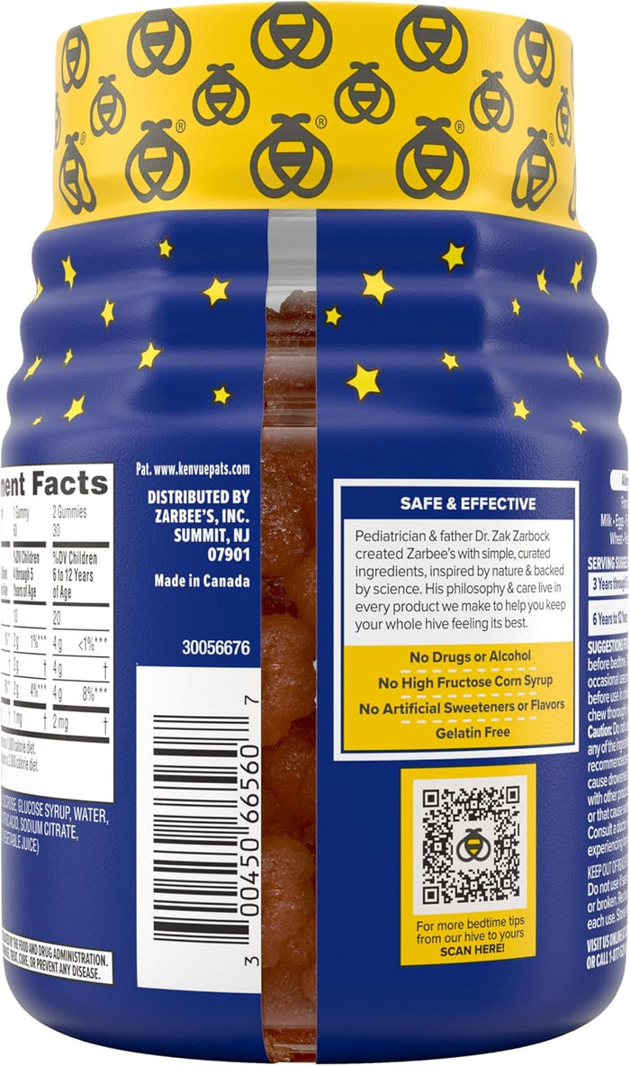 Zarbee's Kids Children’s Sleep Gummies with Melatonin Supplement, Drug-Free Non-Habit Forming, Works with Natural Rest Cycles, Natural Strawberry, Ages 3+, 60 Gummies