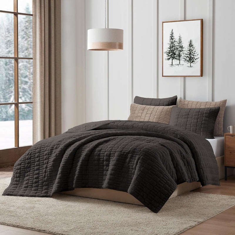 Wonderful 3 Pieces Fluffy Faux Rabbit Fur Bubble Comforter Set King Size, Tie-Dyeing Beige Plush Fuzzy Bedding Set, Warm Soft Bubble Comforter Bedding Set for Winter
