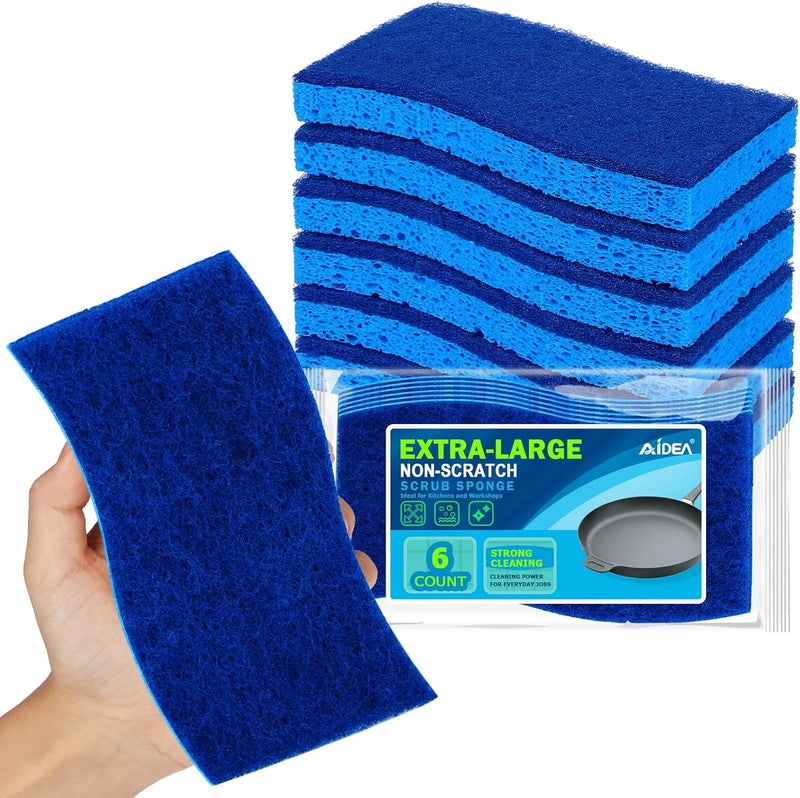 AIDEA XL Scrub Sponges 6Count, Heavy Duty Sponges for Dishes, Extra Large Sponge for Cleaning Kitchen and Household, Heavy Duty Sponge Safe for Non-Coated Cookware, Cleaning Power for Bathroom, House