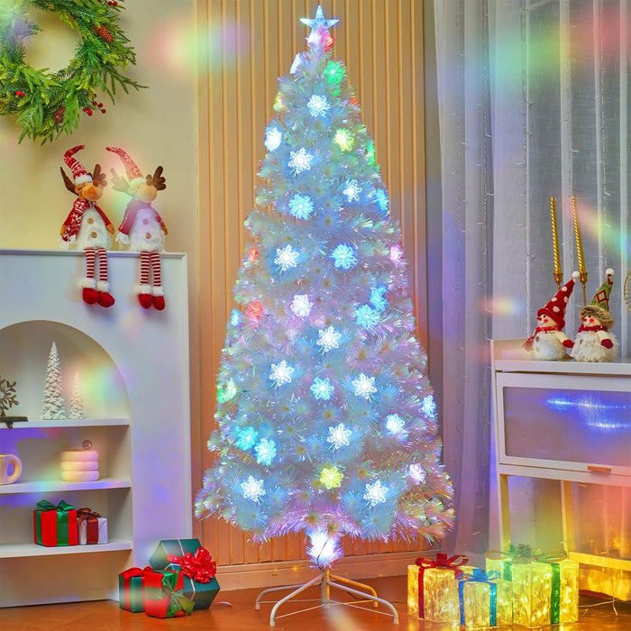 Juegoal 7 ft Pre-Lit Optical Fiber Christmas Artificial Tree, with LED RGB Color Changing Led Lights, Snowflakes and Top Star, Festive Party Holiday Fake Multicolor Xmas Tree with Sturdy Metal Legs
