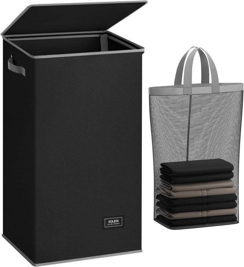 SOLEDI Laundry Hamper with Lid 100L Large & Tall Collapsible Laundry Basket, Clothes Hamper with Bag Removable Easy to Carry, Dirty Hampers for Bedroom, Bathroom, Dorm, College, Grey