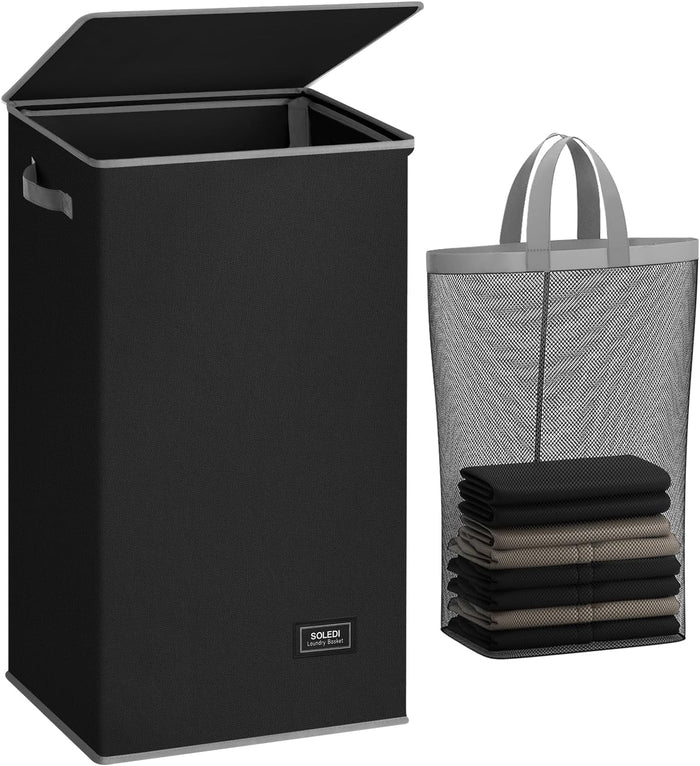 SOLEDI Laundry Hamper with Lid 100L Large & Tall Collapsible Laundry Basket, Clothes Hamper with Bag Removable Easy to Carry, Dirty Hampers for Bedroom, Bathroom, Dorm, College, Grey