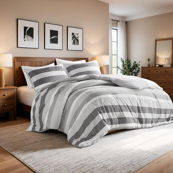 Queen Comforter Set, 3 Pieces Striped Bed Set, Soft Brushed Microfiber Reversible Bedding Set for All Season, Lightweight & Breathable Bedding Set with Comforter & Shams, Neutral