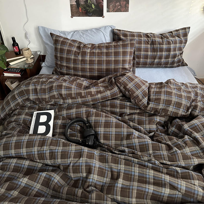 mixinni Tan Gingham Comforter Set Full, Plaid Comforter Set 3 Pieces 1 Beige Grid Comfoter with 2 Pillow Cases for All Seasons, Soft Fluffy Modern Grid Pattern Printed Bedding-Full Size