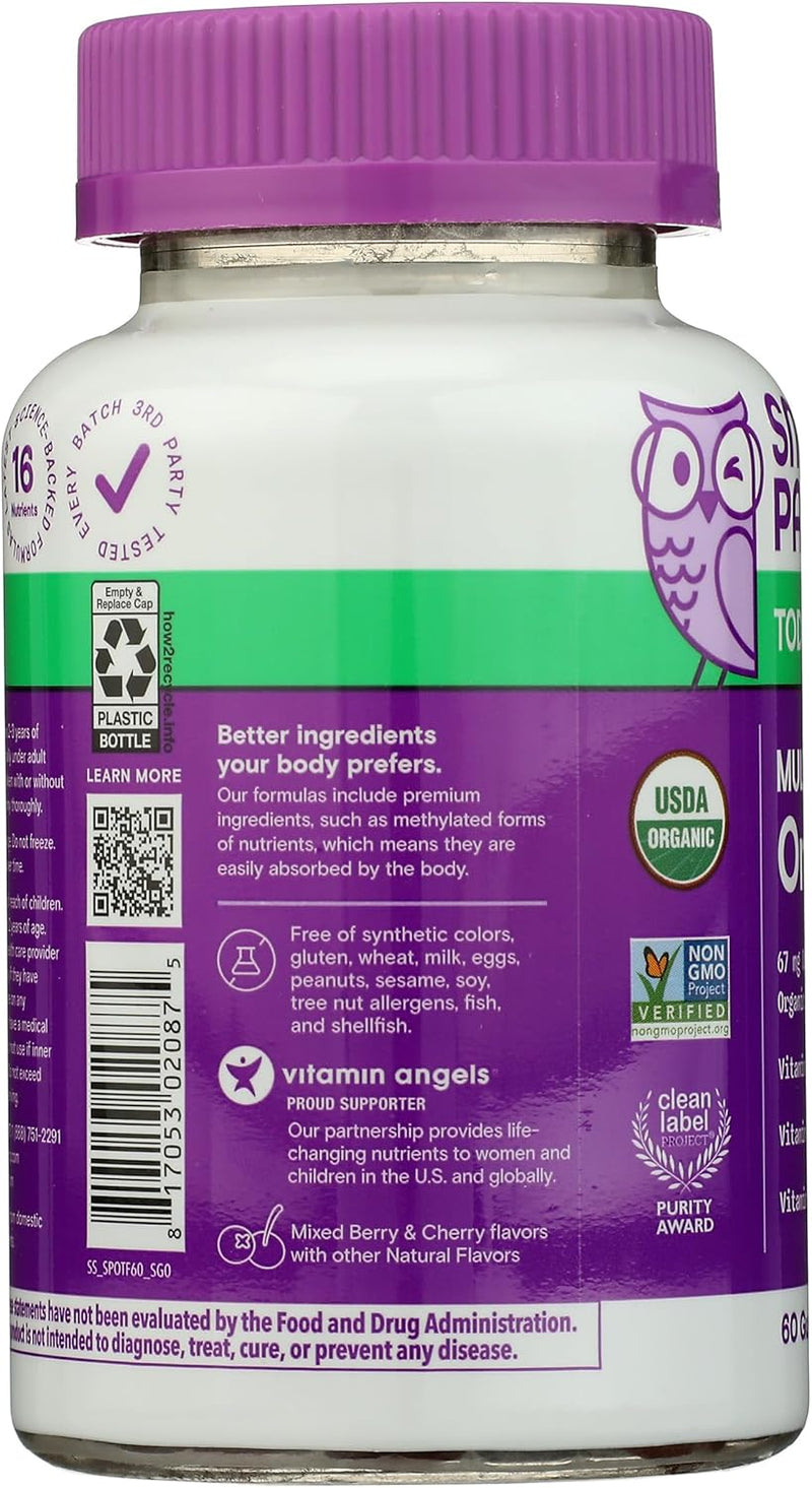 SmartyPants Organic Toddler Multivitamin Gummies: Probiotics, Omega 3 (ALA), Vitamin D3, C, Vitamin B12, B6, A, K & Zinc, Beta Carotene, Gluten Free, Three Fruit Flavors, 60 Count (30 Day Supply)