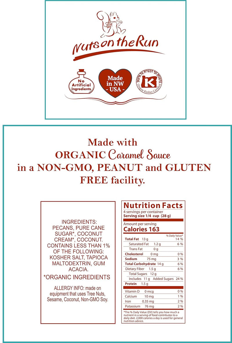 Nuts on the Run Sea Salt Caramel Pecan Pralines – Candied Pecans with Salted Caramel - Vegan, Gluten-Free, Kosher, Non-GMO Glazed Pecans – 4oz (Pack of 3 Pouch Bags) Handmade Snacks