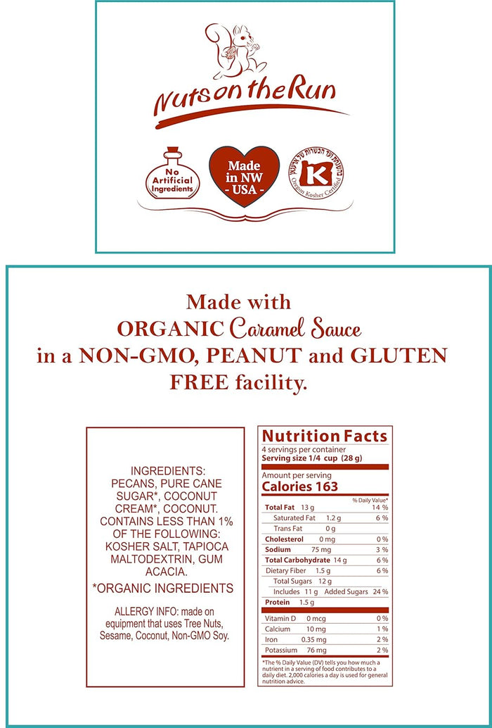 Nuts on the Run Sea Salt Caramel Pecan Pralines – Candied Pecans with Salted Caramel - Vegan, Gluten-Free, Kosher, Non-GMO Glazed Pecans – 4oz (Pack of 3 Pouch Bags) Handmade Snacks