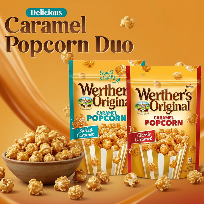 Werthers Caramel Crunch Topping Popcorn Duo Pack – Classic & Salted Caramel Flavours, 2 × 5.29 oz Resealable Popcorn Bags – Gourmet Sweet & Salty Snack Box Gifts for Movie Nights