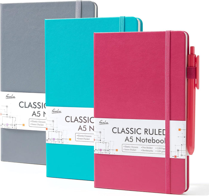 feela 3 Pack Notebooks Journals Bulk with 3 Black Pens, A5 Hardcover Notebook Classic Ruled Lined Journal Set with Pen Holder for Work Business Journaling Note Taking, 120 GSM, 5.1”x8.3”, Gray