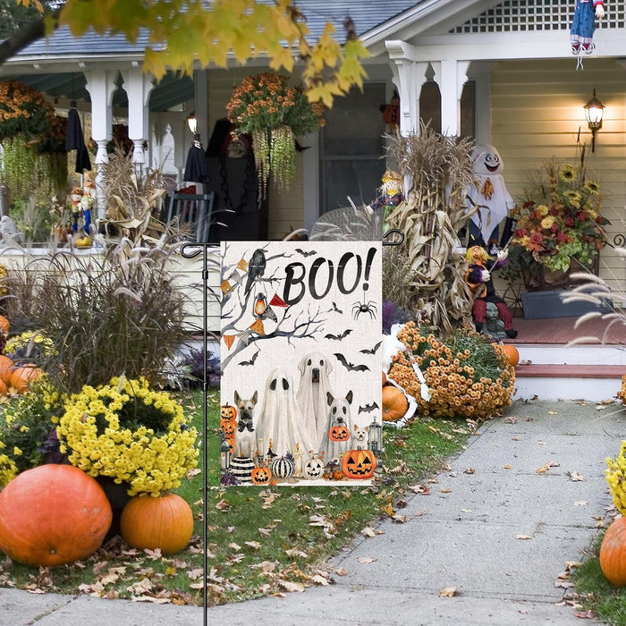 Halloween Boo Garden Flag 12x18 Inche Double Sided, Scary Spooky Dog Ghost Bat Pumpkins Autumn Burlap Garden Flags for Halloween Themed Party Farmhouse Holiday Seasonal Decor