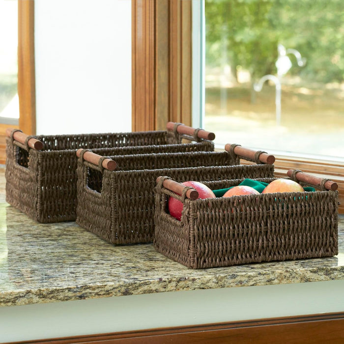 Household Essentials Decorative Woven Baskets Set of 3, Paper Rope with Wood Handles and Metal Frame, Small, Medium and Large, Brown