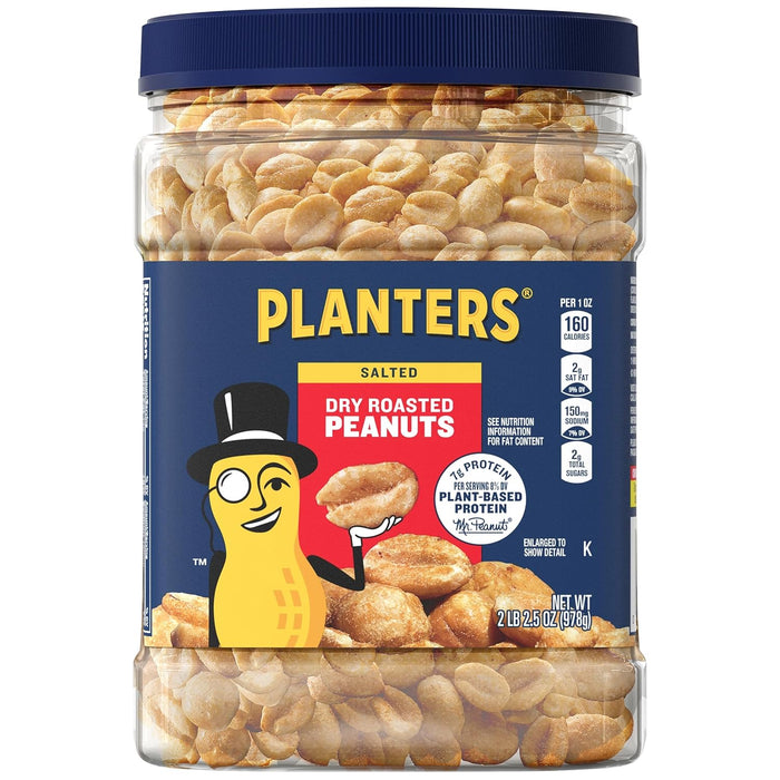 PLANTERS Salted Peanuts Cocktail, Party Snack, Plant-Based Protein, After School Snack, Roasted in Peanut Oil, Salted Nuts, Snacks for Adults, Bulk Nuts, Kosher, 2.19lb Jar