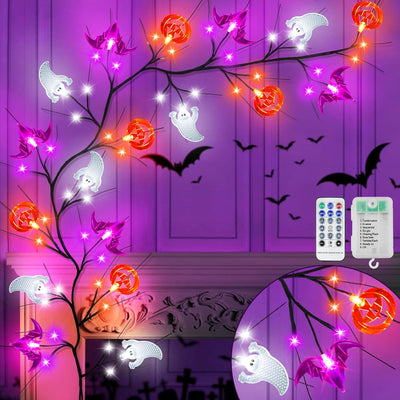 [Timer] 6 FT Willow Vine Twig Halloween Decorations Garland with Pumpkin Bat Ghost Lights, 8 Modes Waterproof Battery Operated Halloween Lights Indoor Home Wall Window Mantle Party Decor