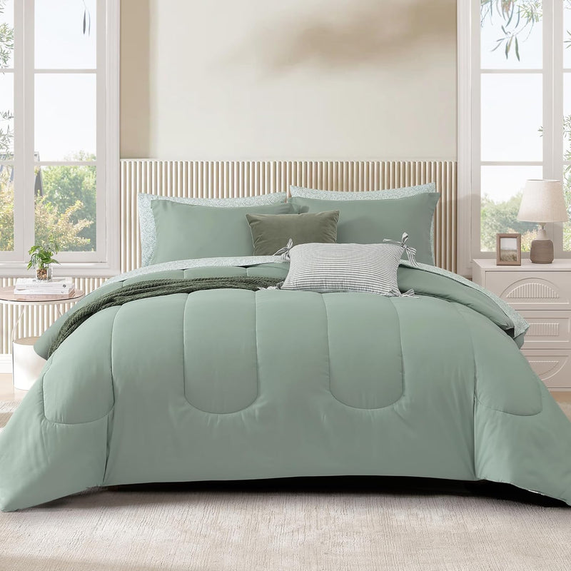 Monbix Queen Comforter Set - 7 Pieces Beige Bed in a Bag Queen Bedding Sets with Comforters, All Seasons Comforter Bed Set with Sheets,Pillowcases & Shams
