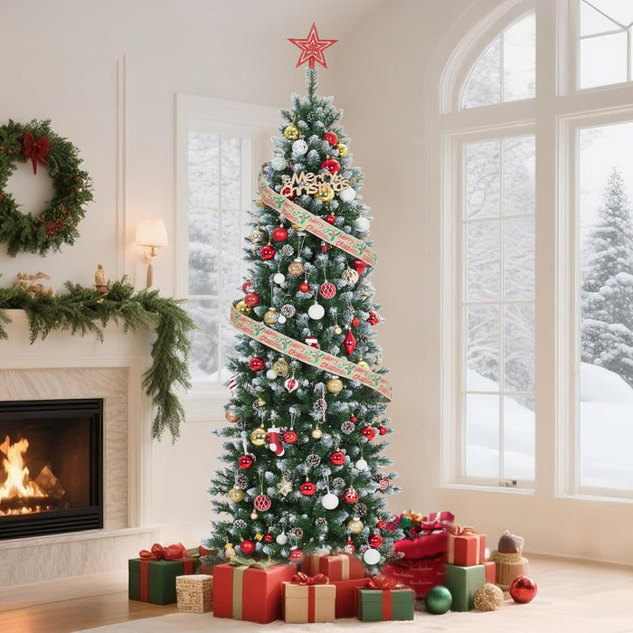 GAOMON Pencil Christmas Tree,6FT Artificial Pre-Lit Christmas Tree, Xmas Tree with Metal Stand, Artificial Tree for Home Party Office Holiday Decoration