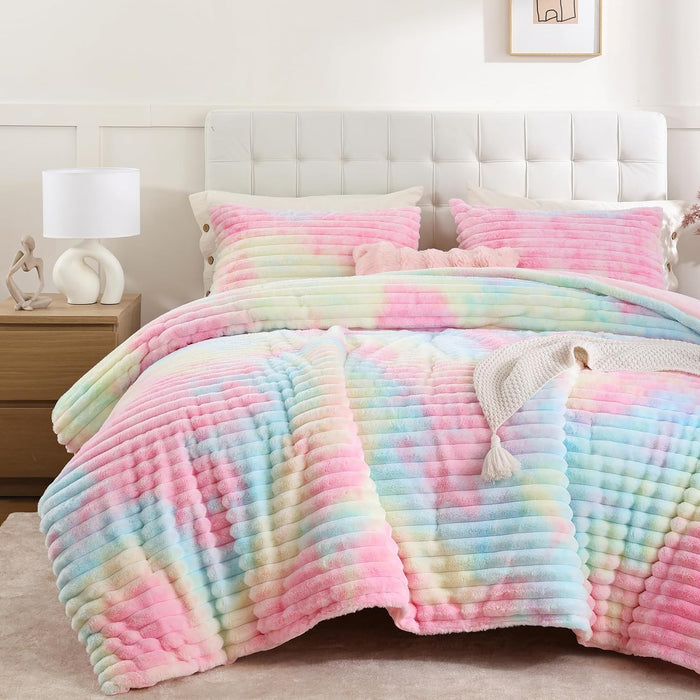 Smoofy Fluffy Queen Comforter Set 3 Pieces - Cream White Fleece Fluffy Comforter Set, Luxury Fuzzy Queen Bedding Set, Soft Warm Bed Set All Season, Heavy Faux Fur Comforter with 2 Pillow Cases