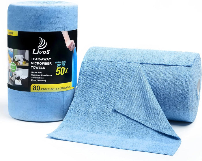 LIVOS Microfiber Cleaning Cloth Roll - 80 Pack, Reusable Paper Towels, Microfiber Towels for Cars, Super Absorbent Lint Free Cleaning Rags for House, Kitchen, Window-Light Purple, 11.5"x11.5"
