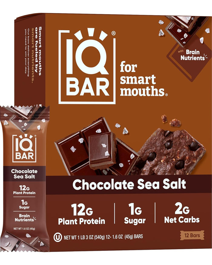 IQBAR Brain and Body Plant Protein Bars - Chocolate Sea Salt - 24-Count - Keto, Vegan, Low Carb, High Fiber, Gluten Free, Dairy Free, Low Sugar Snack with Nutrients for Focus, Energy, Meal Replacement