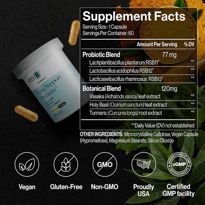 resB Lung Support Probiotic Supplement - Immune & Digestive Support, Lung Health Supplement for Smokers, Gut Health, Holy Basil & Turmeric, Clinically Trialed - 60 Capsules