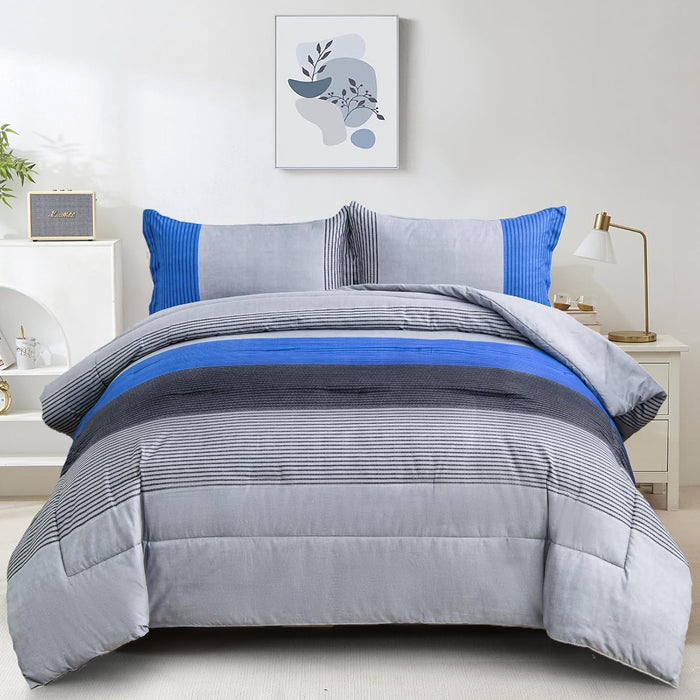 WONGS BEDDING Black Comforter Set Full, Reversible Black Grey Stripe Down Alternative Comforter for All Season,3 Pieces(1 Patchwork Comforter+2 Pillowcases), Soft Microfiber Bedding Set 78”×90”