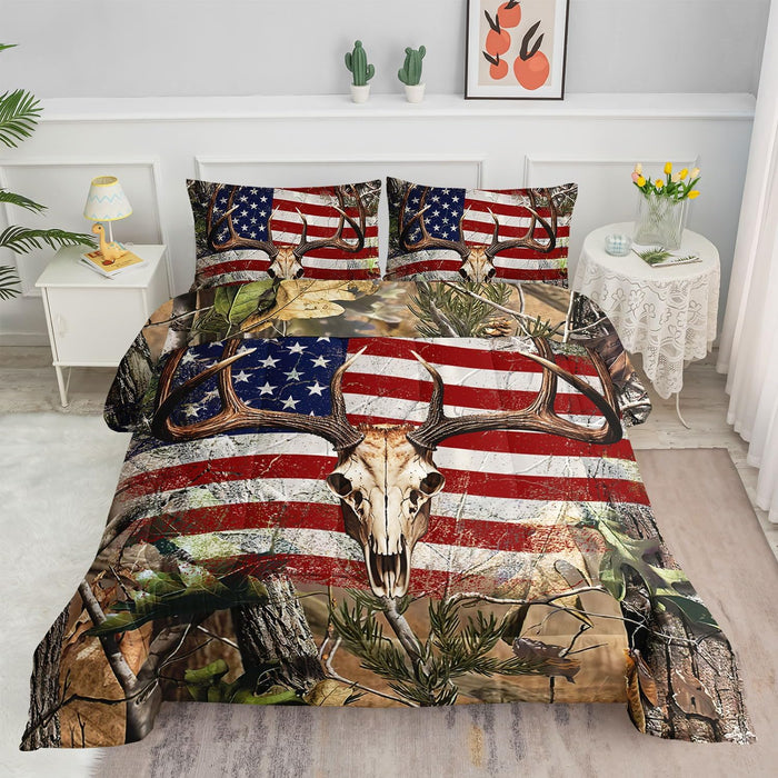 Kids Comforter Set American Flag Deer Printed Pattern Bedding Set with 1 Comforter and 2 Pillowcases for Girls Boys Bedroom All Season(American Flag Deer03 Twin)