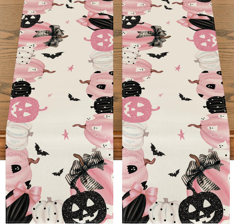 Artoid Mode Pink Jack-O-Lantern Pumpkin Bat Halloween Table Runner, Holiday Kitchen Dining Table Decoration for Indoor Outdoor Home Party Decor 13 x 72 Inch
