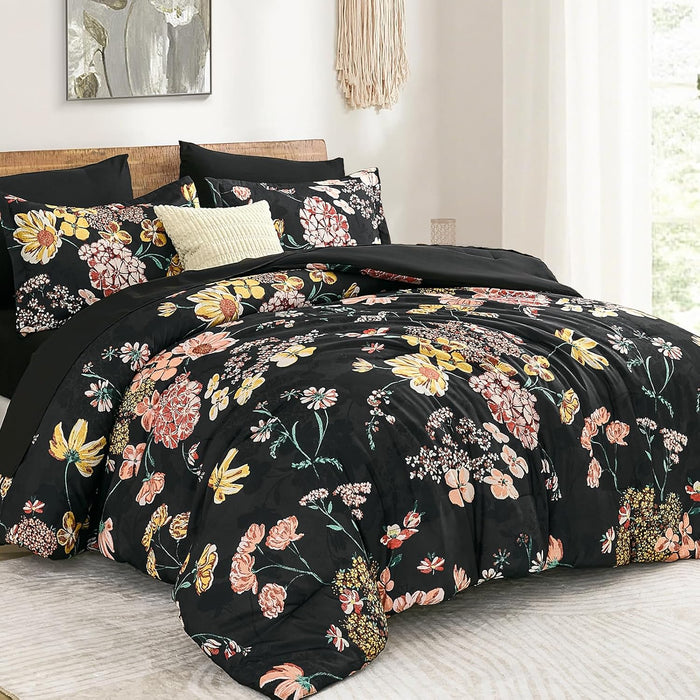 Yiran Black Red Fall Floral Comforter Set Queen Size, 7 Piece Comforter Bedding Set, Botanical Bed in a Bag, Soft Microfiber Complete Bedding Set with Sheets for All Season