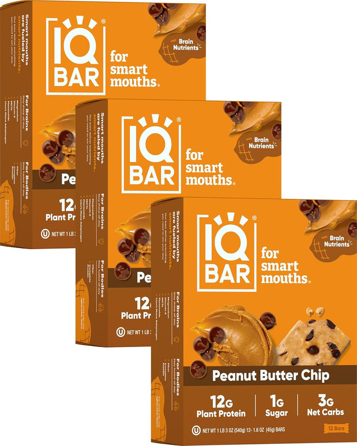 IQBAR Brain and Body Plant Protein Bars - Peanut Butter Chip - 24-Count - Keto, Vegan, Low Carb, High Fiber, Gluten Free, Dairy Free, Low Sugar Snack with Nutrients for Focus, Energy, Meal Replacement