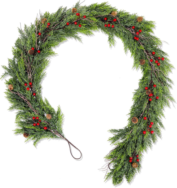 6FT Artificial Cedar Christmas Garland with Red Berries & Pine Cones – Full Faux Winter Greenery for Holiday Mantel, Staircase, Doorway, Indoor Outdoor Christmas Décor