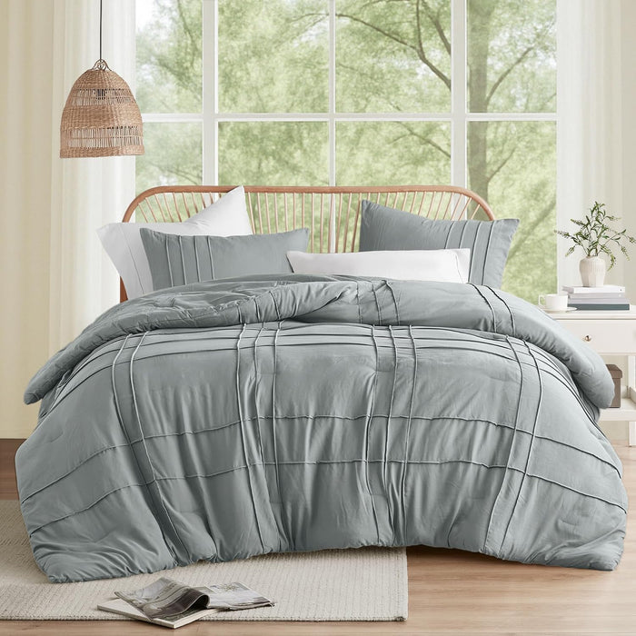Comfort Spaces Cream Queen Size Comforter Set - 3 Pieces Pintuck Pleated Bedding Sets, All Season Lightweight, Extra Softness Pre-Washed Microfiber Queen Bed Set, Shams