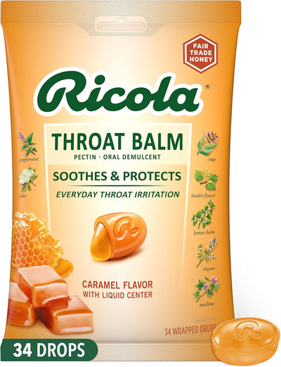 Ricola Throat Balm Caramel Throat Drops with Liquid Center, 34 Count, Coat & Protect Your Throat, Daily Throat Relief & Protection, Oral Demulcent