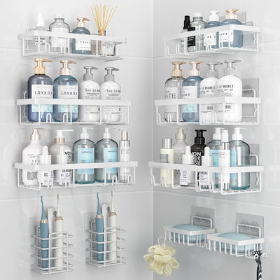 10 Pack Shower Caddy Organizer Rack Shelf for Inside Shower, Self Adhesive Wall Storage Basket Rustproof Stainless Steel Shampoo Holder Bathroom Accessory Decor Set, White