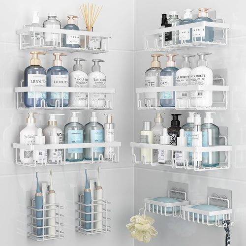 10 Pack Shower Caddy Organizer Rack Shelf for Inside Shower, Self Adhesive Wall Storage Basket Rustproof Stainless Steel Shampoo Holder Bathroom Accessory Decor Set, White