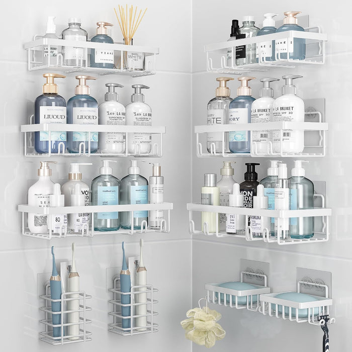 10 Pack Shower Caddy Organizer Rack Shelf for Inside Shower, Self Adhesive Wall Storage Basket Rustproof Stainless Steel Shampoo Holder Bathroom Accessory Decor Set, White