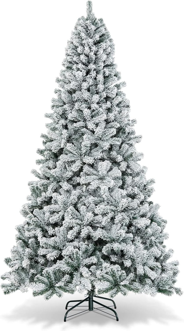 Goplus 6ft Pre-Lit Artificial Christmas Tree, Premium PVC Snow Flocked Hinged Pine Tree with Metal Stand and LED Lights, Perfect Xmas Decoration for Indoor and Outdoor