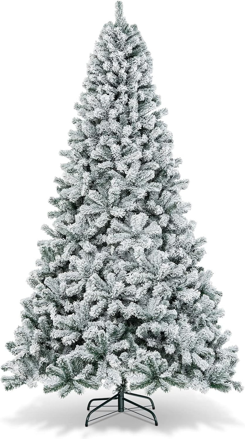 Goplus 6ft Pre-Lit Artificial Christmas Tree, Premium PVC Snow Flocked Hinged Pine Tree with Metal Stand and LED Lights, Perfect Xmas Decoration for Indoor and Outdoor