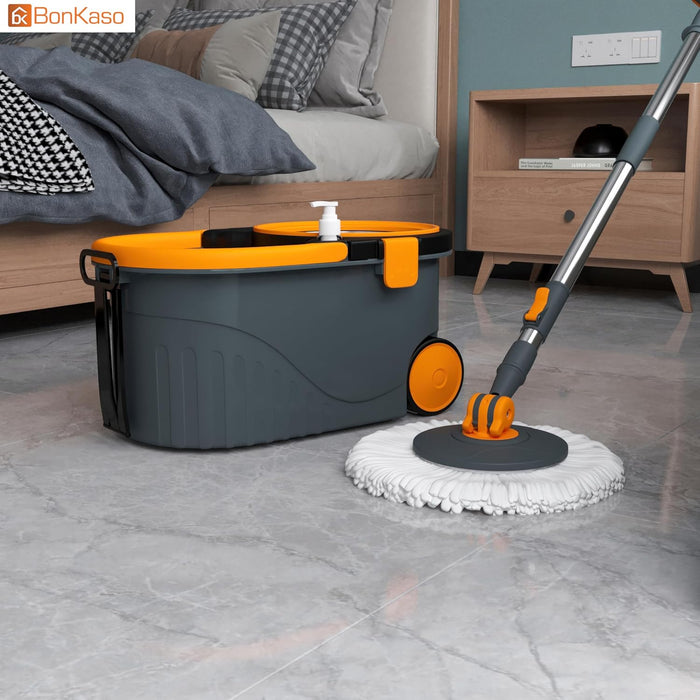 Bonkaso Spin Mop with Stainless Steel Wringer & Big Wheels | 360° Rotating Mop, Adjustable Handle | Easy Floor Cleaning Bucket Set with 2 Microfiber Refills – Grey & Orange (46 x 26.5 x 23 cm)