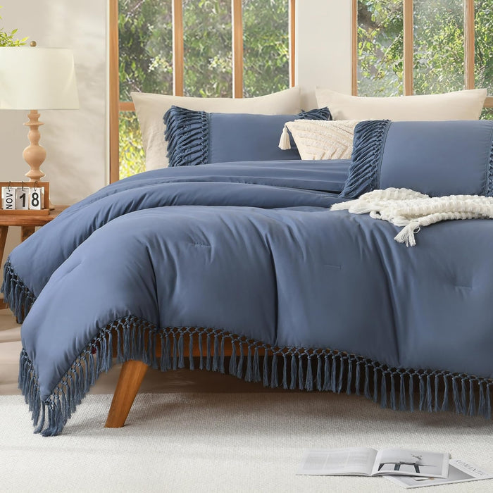Andency Comforter Queen Size Set Beige, 3 Pieces Tassel Boho Lightweight Winter Bedding Comforters & Sets, All Season Bed Set (90x90In Comforter & 2 Pillowcases)