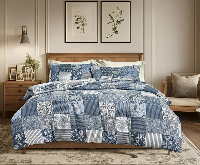 SLEEPBELLA Comforter Queen Size, 600 Thread Count Cotton White Printed with Blue & Blush Flowers Cotton Comforter Set,Down Alternative Bedding Set 3Pcs(Queen, White Floral)