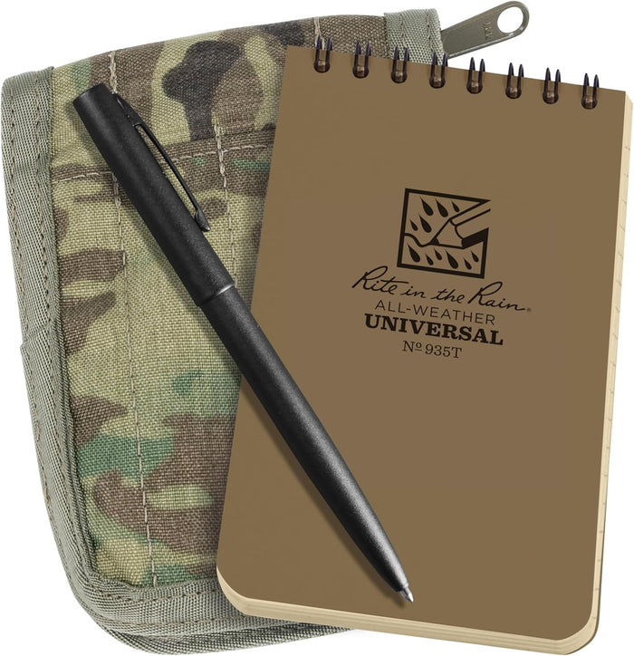 Rite in the Rain Weatherproof 3" x 5" Top Spiral Notebook Kit: Black CORDURA Fabric Cover, 3" x 5" Black Notebook, and Weatherproof Pen (No. 735B-KITL)