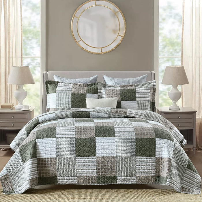 PANGUSHAN 100% Cotton Quilt Set King Size,Patchwork Plaid Bedding Bedspreads,Farmhouse Lightweight Comforter Reversible Quilt,White/Gray/Grey/Tan/Black/Cream Bed Spread King,3 Pieces