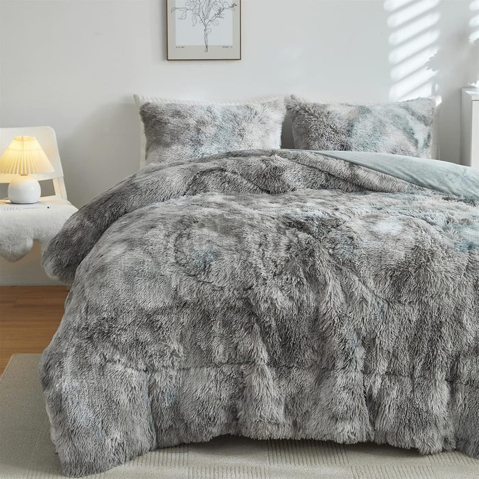Wajade Faux Fur Plush Rainbow Comforter Set Fluffy Fuzzy Shaggy Bedding Set - 3PC Full Size Microfiber Soft Warm Quilt Set