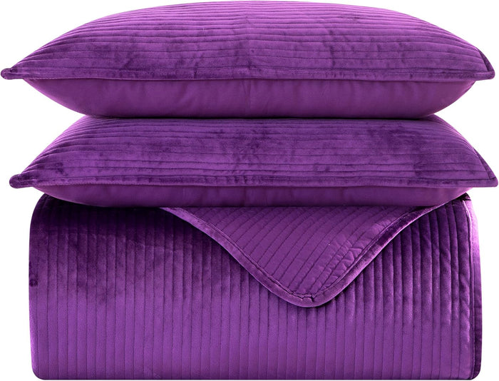 Elegant Comfort Luxury 3-Piece Velvet Corduroy Stripe Quilt Set, Ultra Soft Bedspread - Cozy Velvet Coverlet Set - 3PC Medium Weight Quilted Set with Matching Pillow Shams, Queen, Khaki