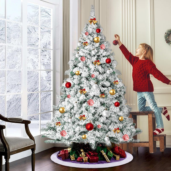 6 FT Snow Flocked Artificial Christmas Tree, Full Xmas Tree with 1000 Automatically Expanding Branch Tips, Foldable Metal Stand and Hinged Branches, Holiday Decoration for Home, Party, White