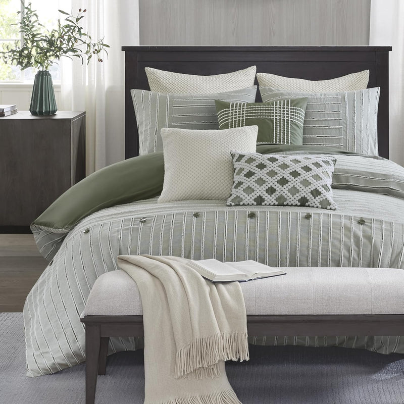 Madison Park King Comforter Set Clipped Jacquard Stripes with Buttons Boho Comforter for a King-Size Bed, Cotton Oversized Comforters with Removable Cover Boho Bedding, King Ivory 9 Piece