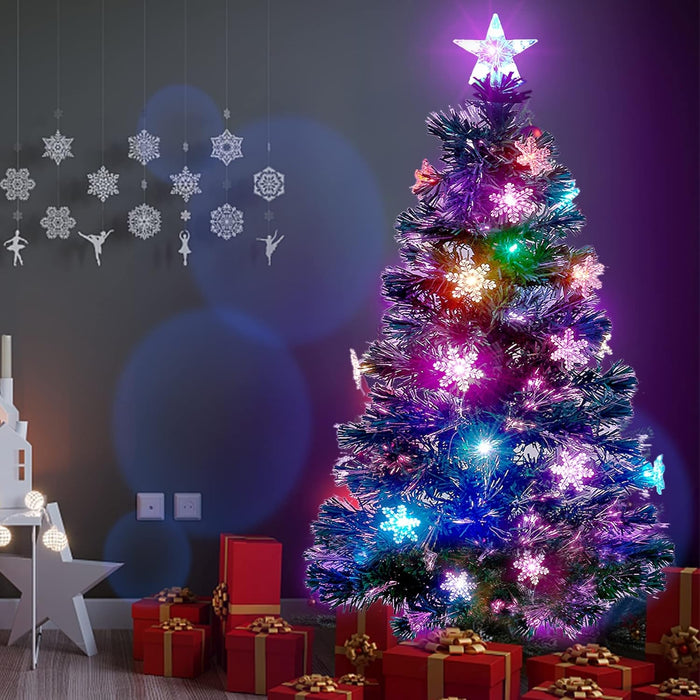 Prsildan 4 FT Artificial Christmas Tree, Pre-Lit Optical Fiber Xmas Trees with Multicolor LED Lights, Snowflakes & Top Star, Lighted Christmas Tree Holiday Home Decor