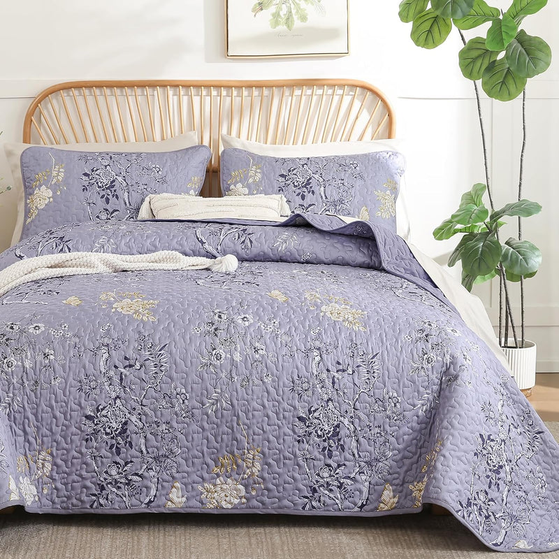 WONGS BEDDING Green Floral Quilt Set King,Botanical Leaf & Butterfly Pattern Bedspread Coverlet Set,Soft Beautiful Farmhouse Plants Quilts Bedding Set for All Seasons(104"×90")