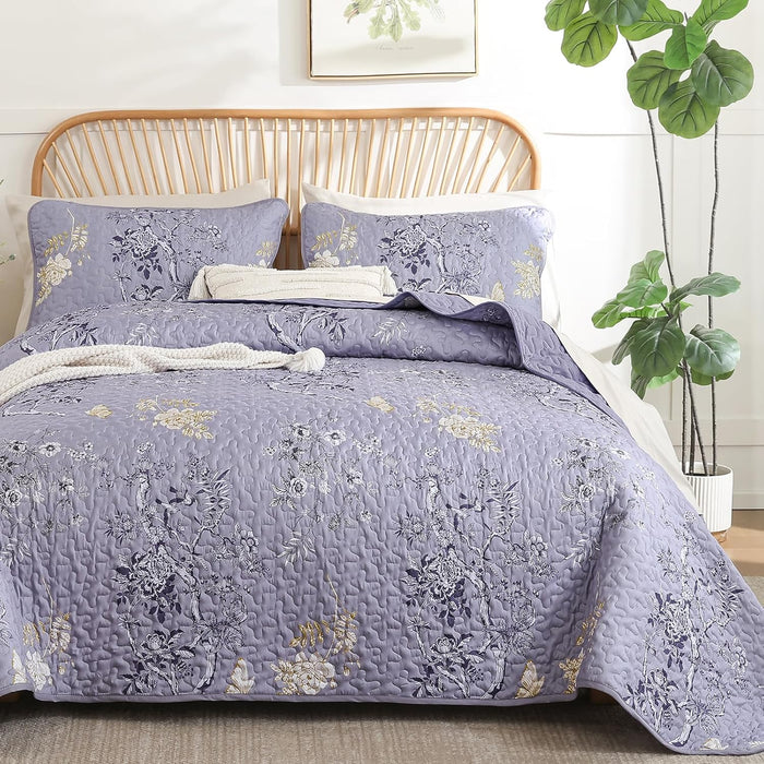 WONGS BEDDING Floral Quilt Set Queen,3 Piece Brown Botanical Leaf & Butterfly Pattern Bedspread Coverlet Set,Soft Beautiful Farmhouse Plants Quilts Bedding Set